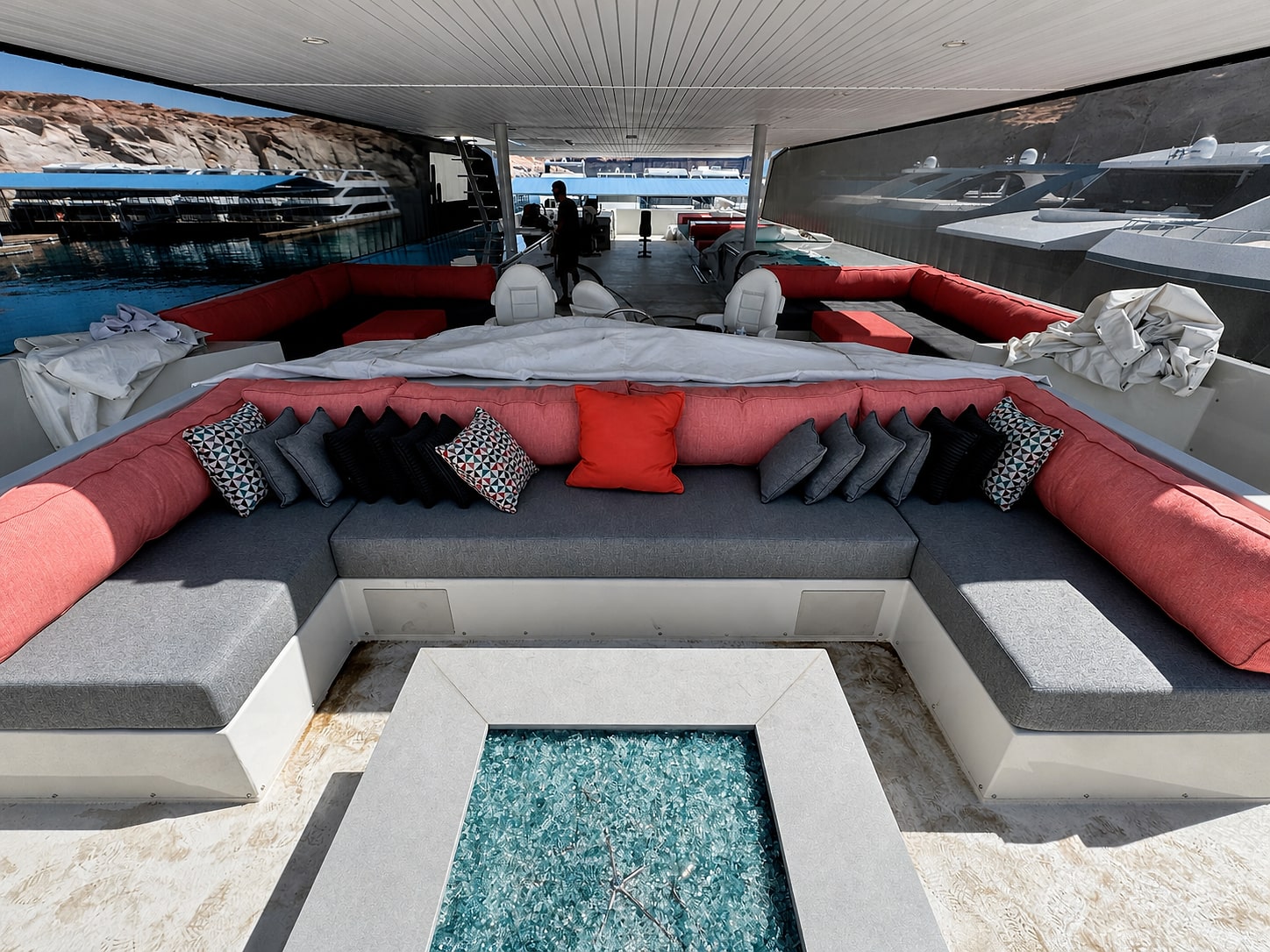 Covered houseboat lounge seating at a Lake Powell marina